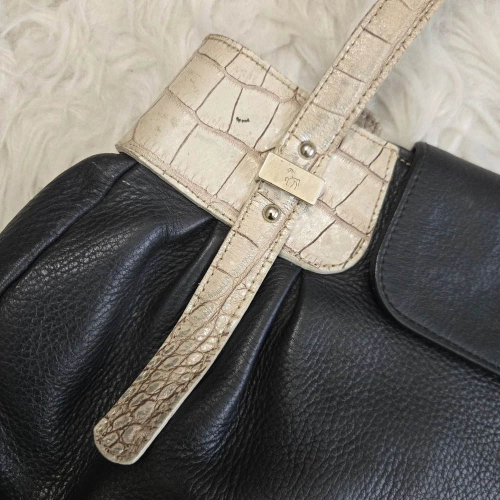 Petusco Spain Black Pebbled Leather Shoulder Bag Cream Croc Trim Made in Spain